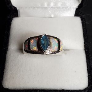 Aquamarine, Opal and Onyx Ring